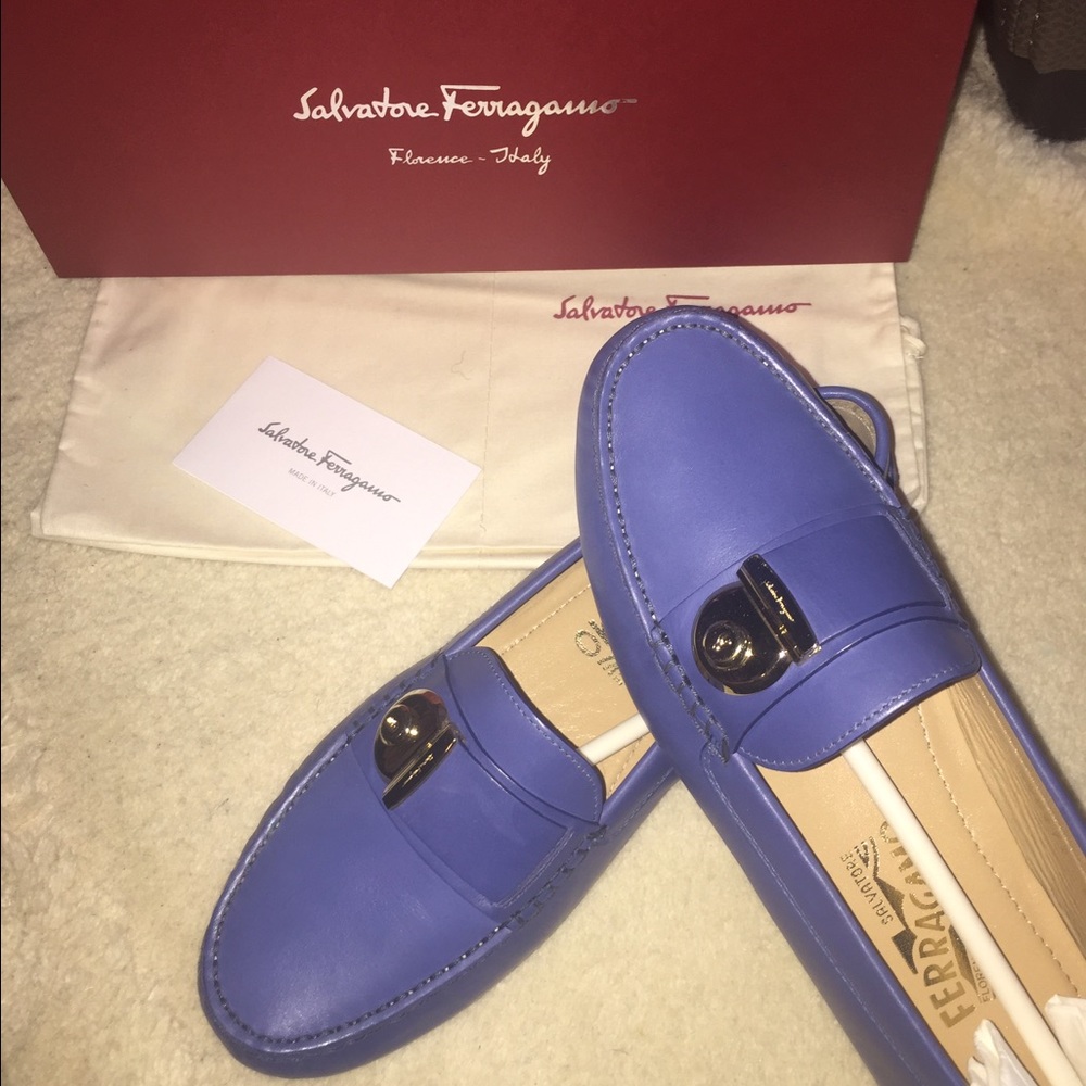 Salvatore Ferragamo blue leather loafers w/gold